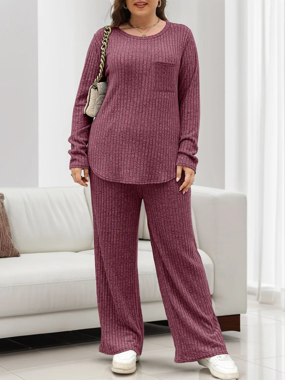 Round Neck Long Sleeve Top and Pants Set-Nordavory