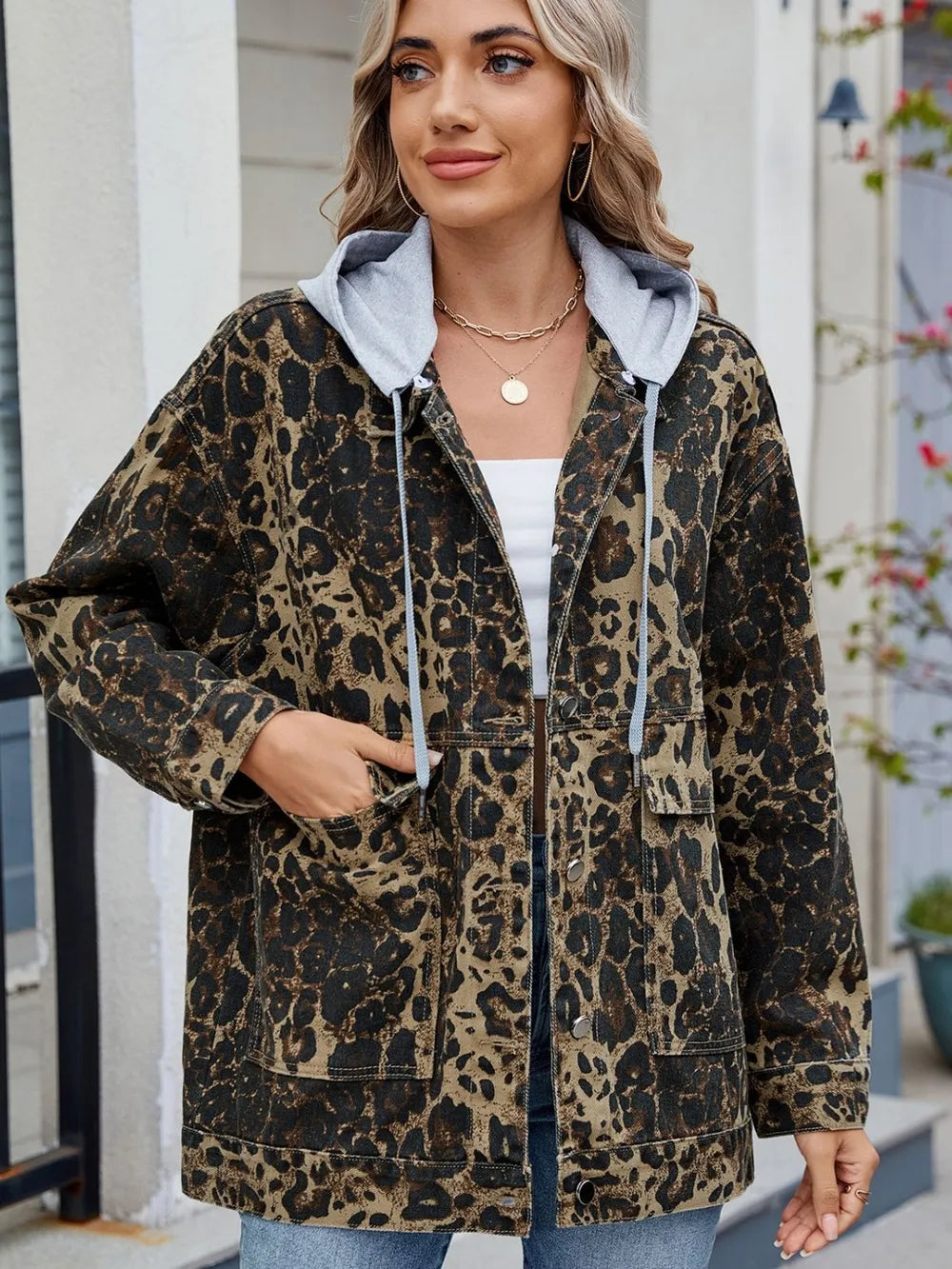 Leopard Button Up Drop Shoulder Denim Jacket-Nordavory