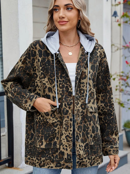 Leopard Button Up Drop Shoulder Denim Jacket-Nordavory