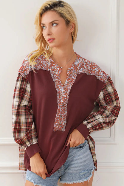 Plaid Notched Neck Slit Blouse-Nordavory