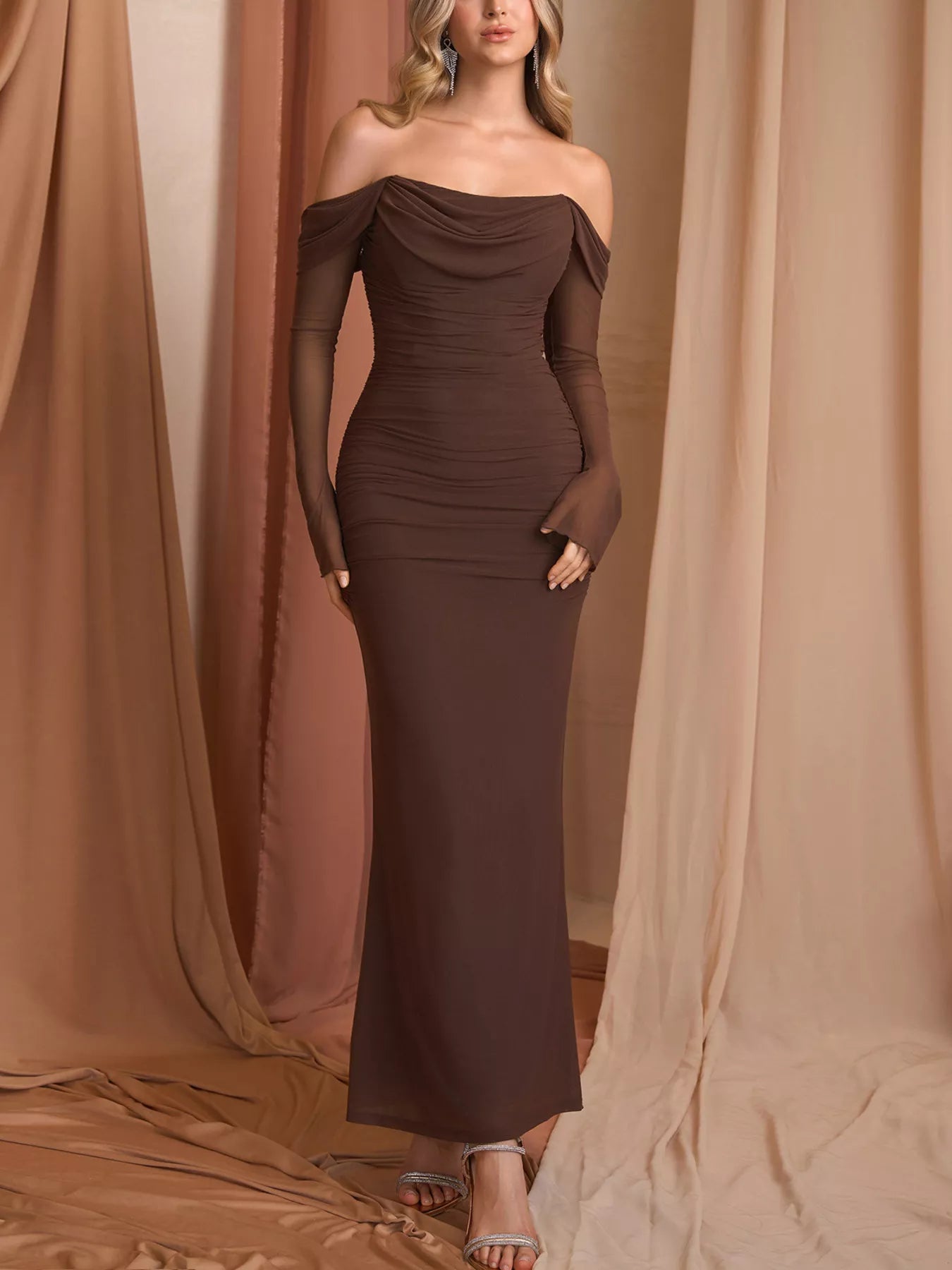 Off-Shoulder Ruched Mermaid Maxi Dress-Nordavory