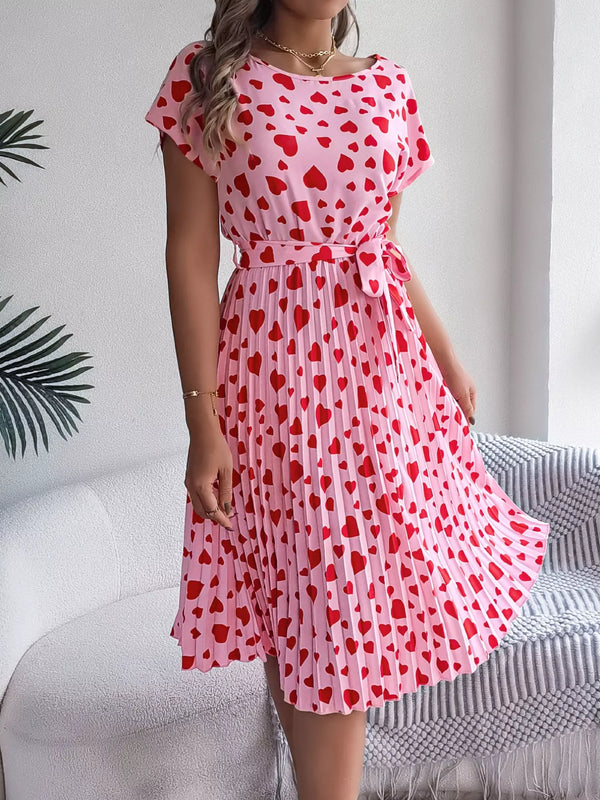 Heart Print Belted Pleated Midi Dress-Nordavory