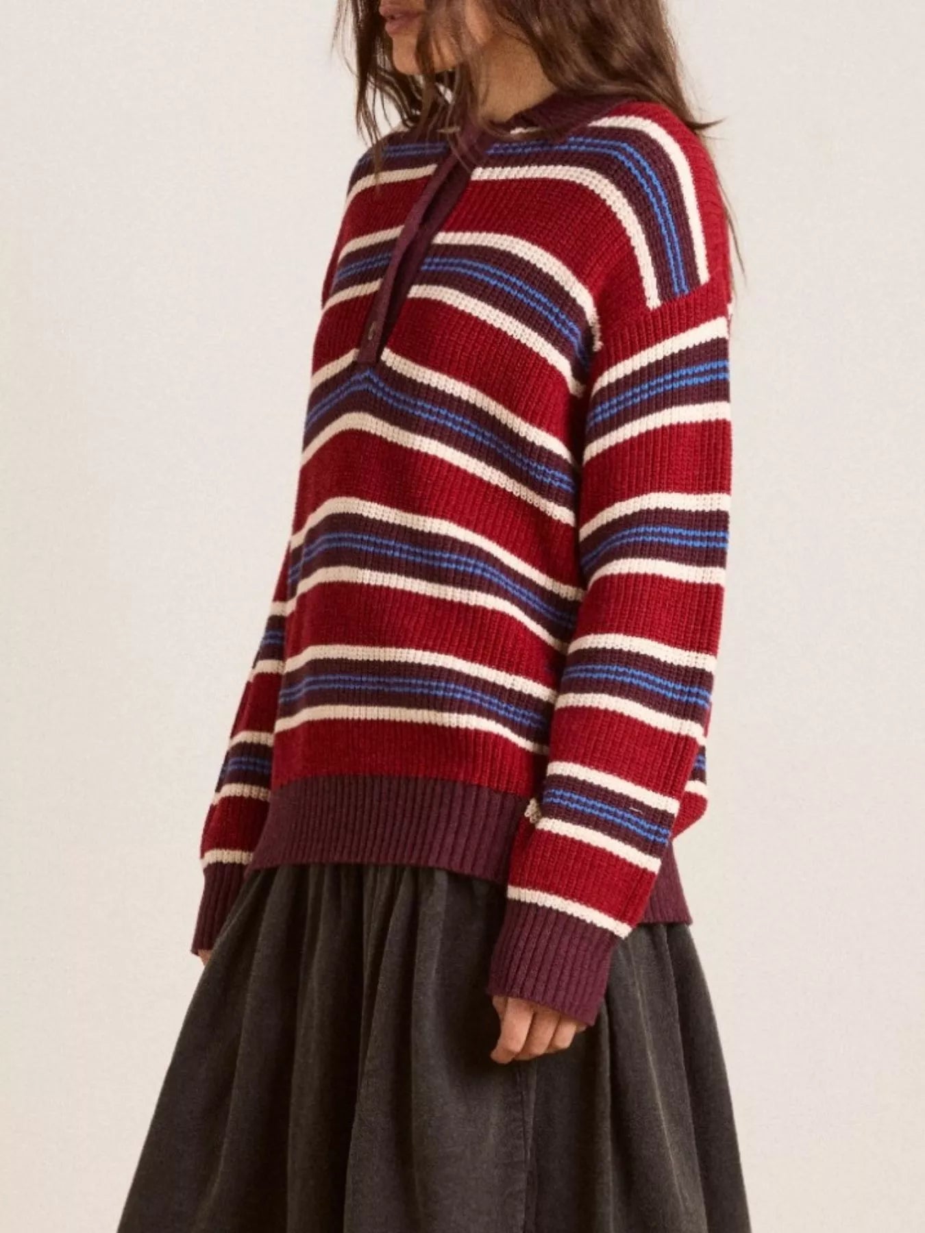 Striped Button Detail Polo Collar Sweater-Nordavory