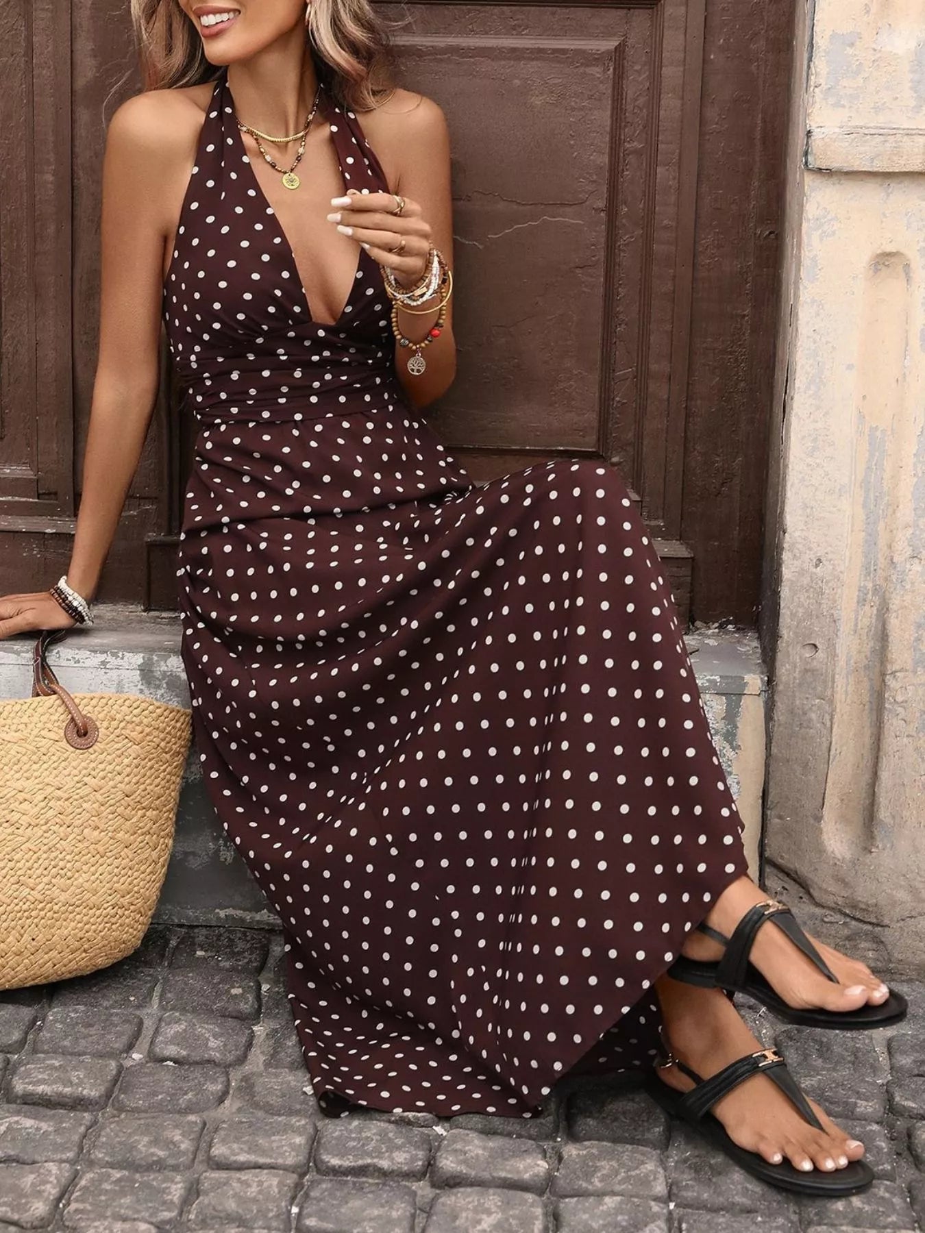Halter Neck Polka Dot Maxi Dress-Nordavory
