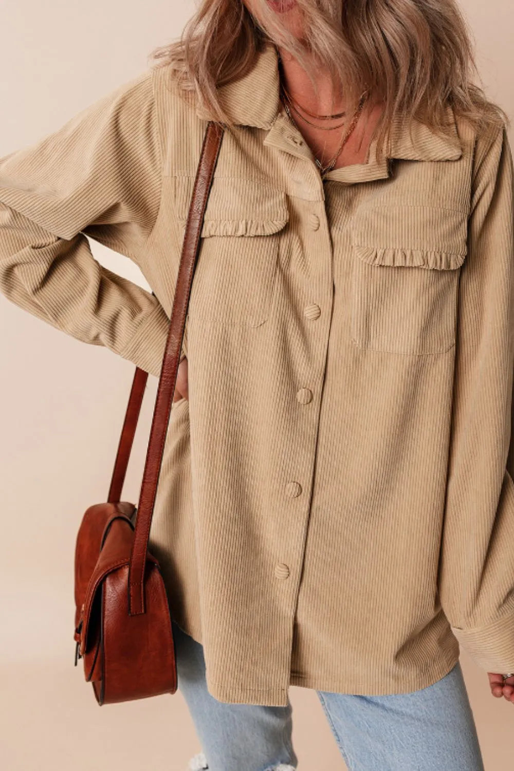 Frill Button Up Long Sleeve Shacket-Nordavory