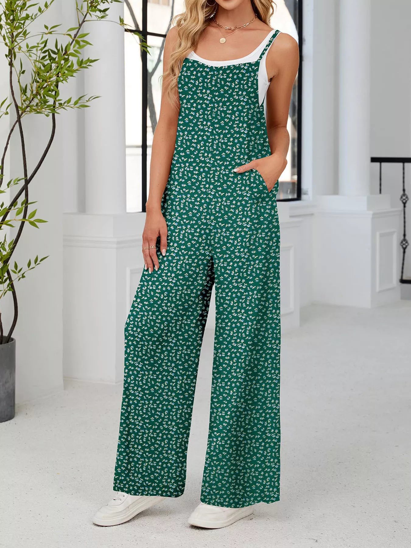 Full Size Floral Print Wide Leg Casual Jumpsuit Plus Size-Nordavory