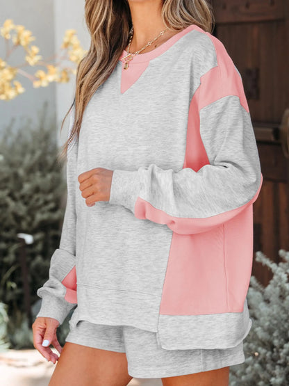 Color Block Long Sleeve Sweatshirt and Shorts Set-Nordavory
