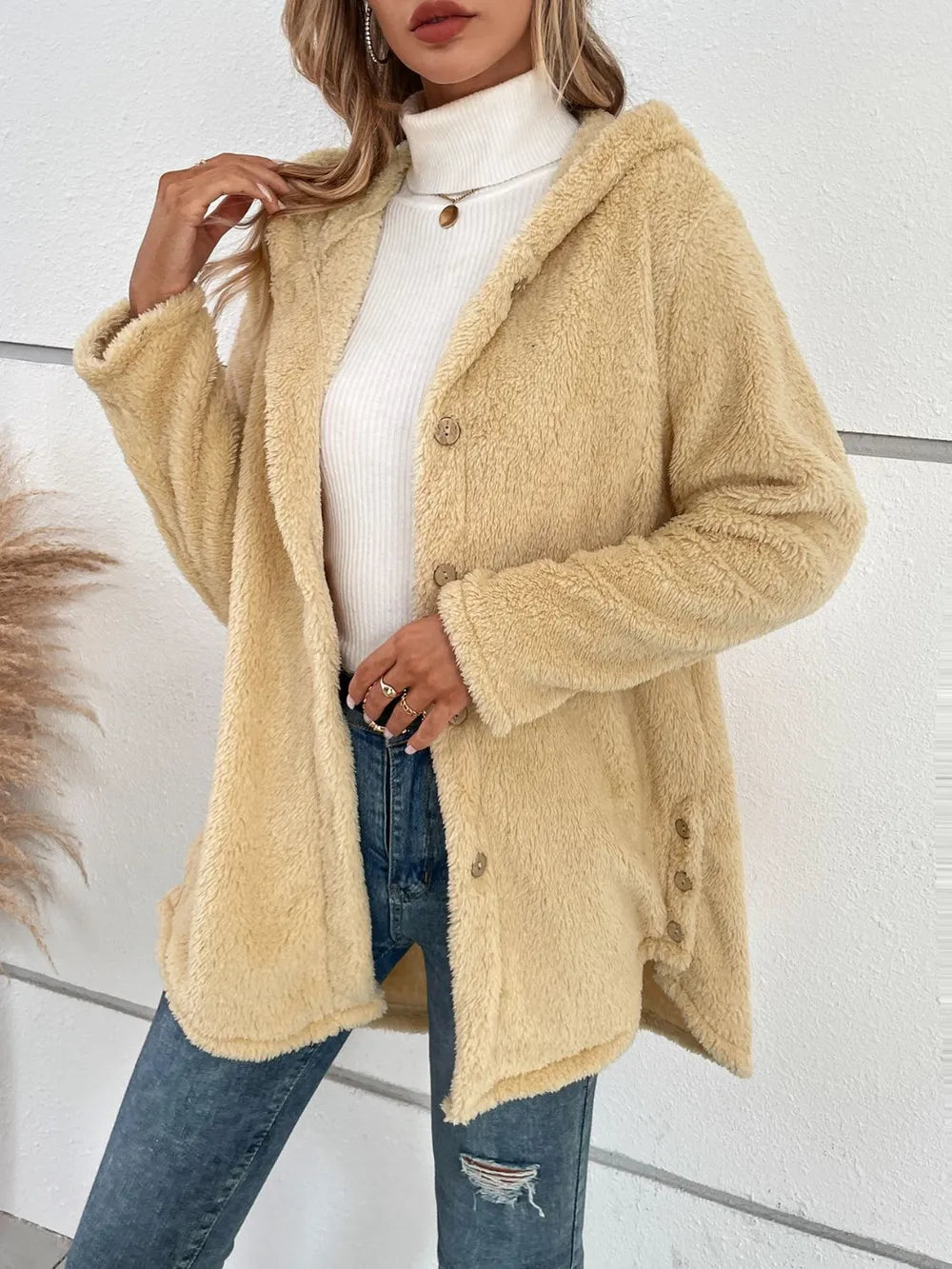 Fuzzy Button Up Hooded Jacket-Nordavory