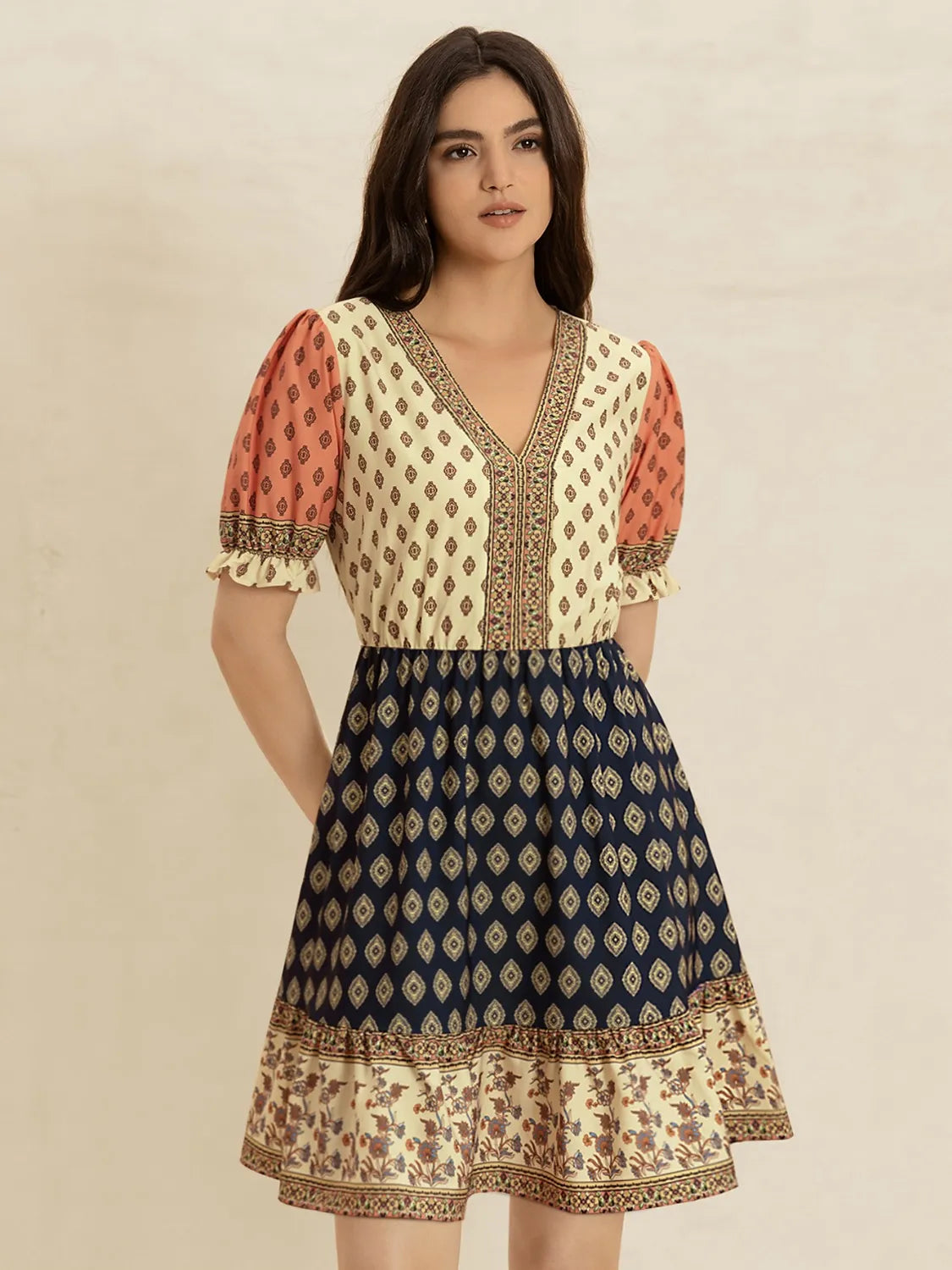 Printed V-Neck Short Sleeve Dress-Nordavory