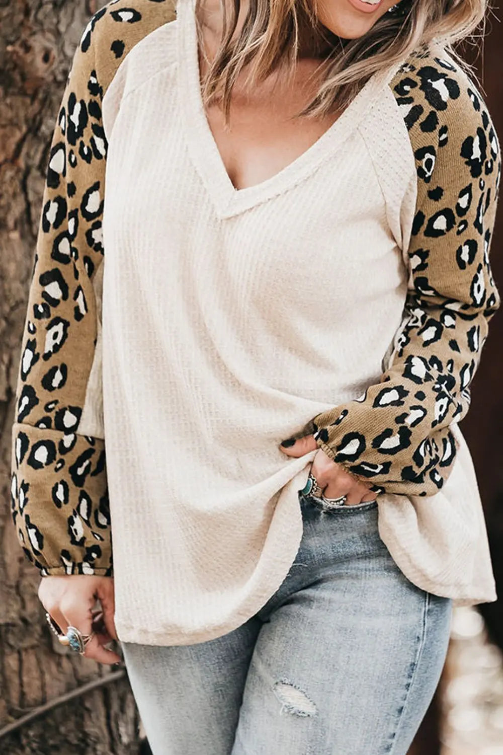 Plus Size Leopard V-Neck Raglan Sleeve Blouse-Nordavory
