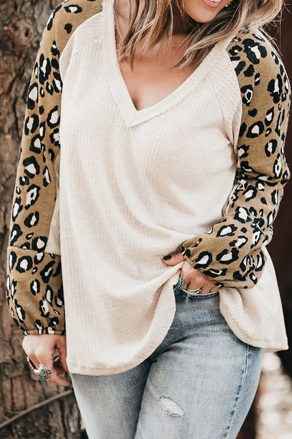 Plus Size Leopard V-Neck Raglan Sleeve Blouse-Nordavory