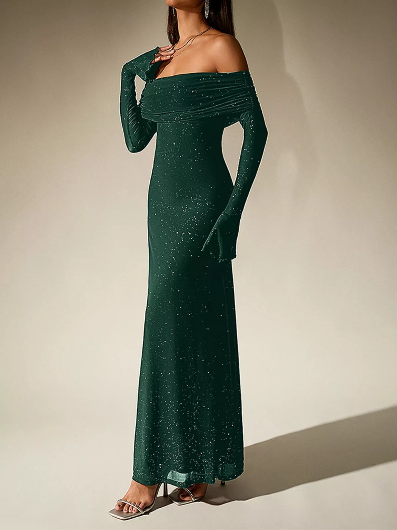 Glitter Off-Shoulder Maxi Dress-Nordavory