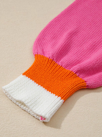 Contrast Crew Neck Pearled Decor Drop Shoulder Knit Sweater-Nordavory