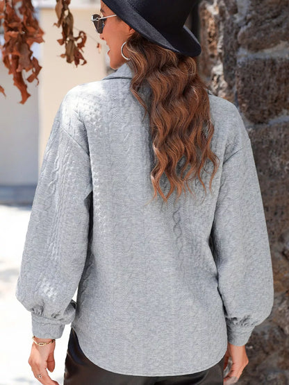 Cable Texture Puff Sleeve Loose Shacket-Nordavory