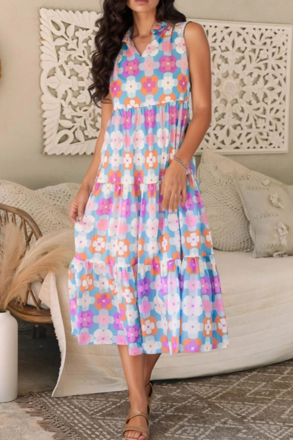 Floral Print Sleeveless Tiered Midi Dress-Nordavory