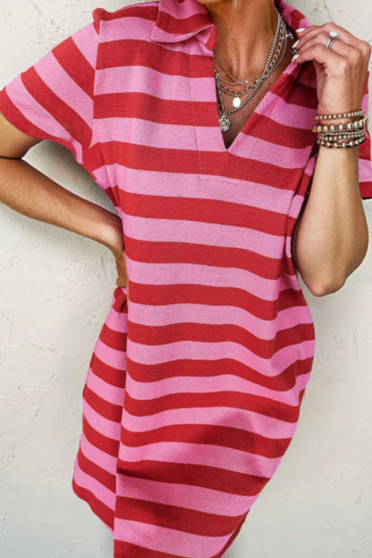 Casual Striped Polo Collar T-Shirt Dress-Nordavory