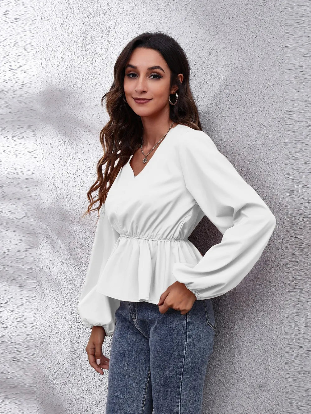 V-Neck Balloon Sleeve Peplum Blouse-Nordavory