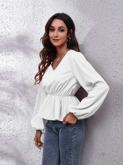 V-Neck Balloon Sleeve Peplum Blouse-Nordavory
