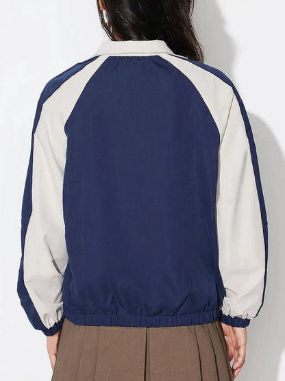 Contrast Zip Up Collared Neck Long Sleeve Jacket-Nordavory