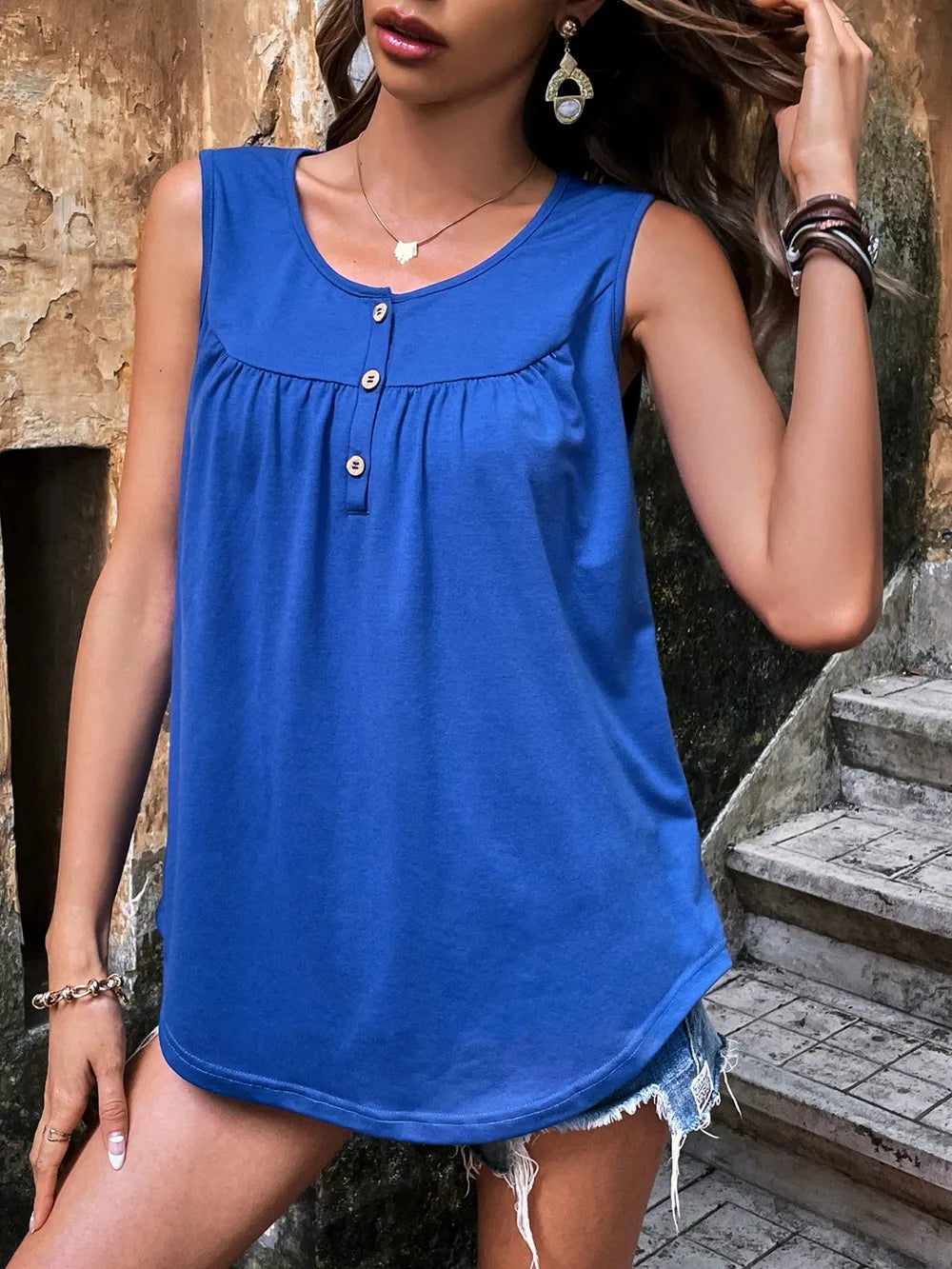 Button Detail Round Neck Tank-Nordavory