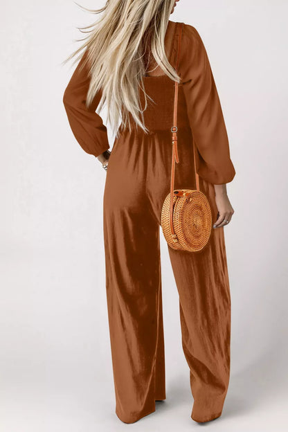 Boho Smocked Square Neck Wide Leg Jumpsuit-Nordavory