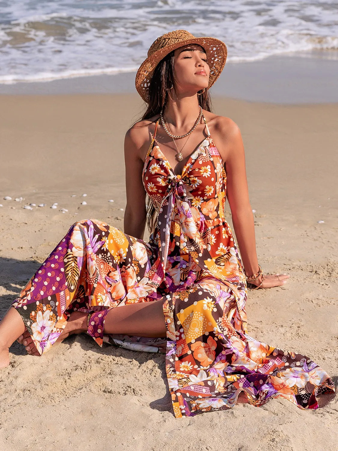 Slit Printed Halter Neck Cami Dress-Nordavory