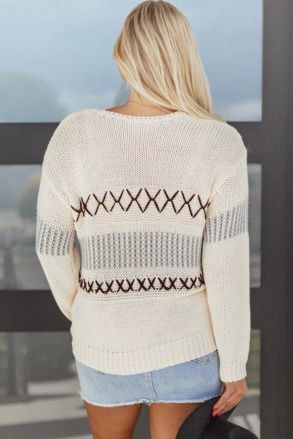V-Neck Knit Long Sleeve Sweater-Nordavory