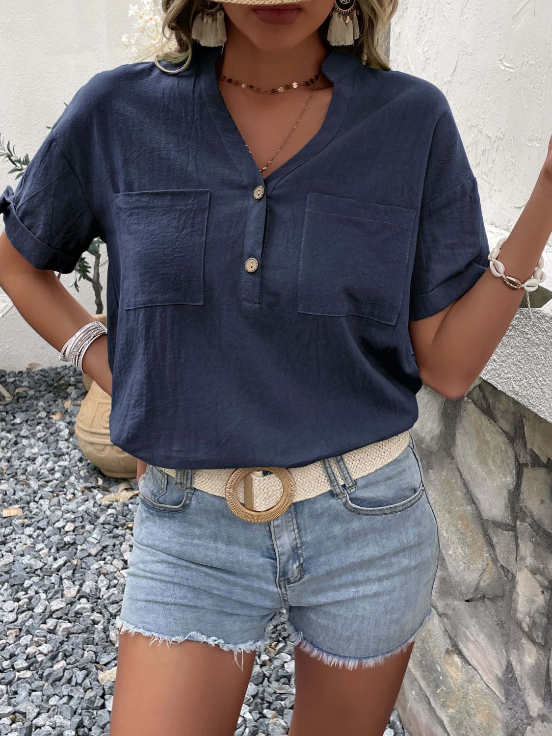 Perfee Buttoned Notched Neck Cuffed Sleeve Blouse-Nordavory