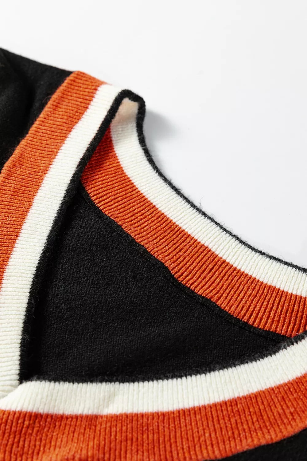 Contrast Striped Trim V Neck Varsity Sweater-Nordavory