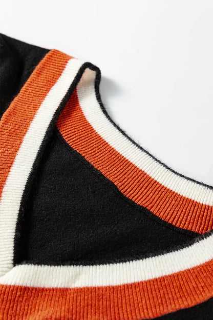 Contrast Striped Trim V Neck Varsity Sweater-Nordavory