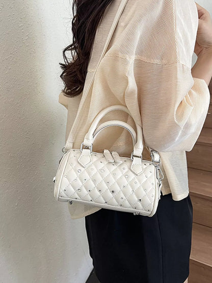 Quilted Barrel Handbag – Off-White PU Leather – image 7