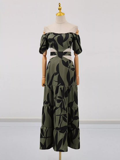 Off-Shoulder Cutout Leaf Print Maxi Dress-Nordavory