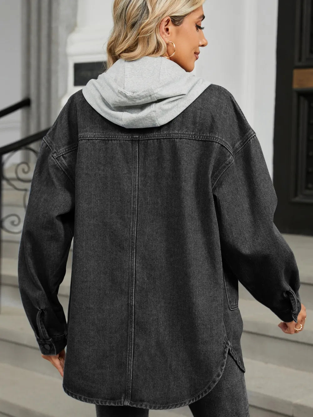Removable Hood Button Up Long Sleeve Denim Jacket-Nordavory