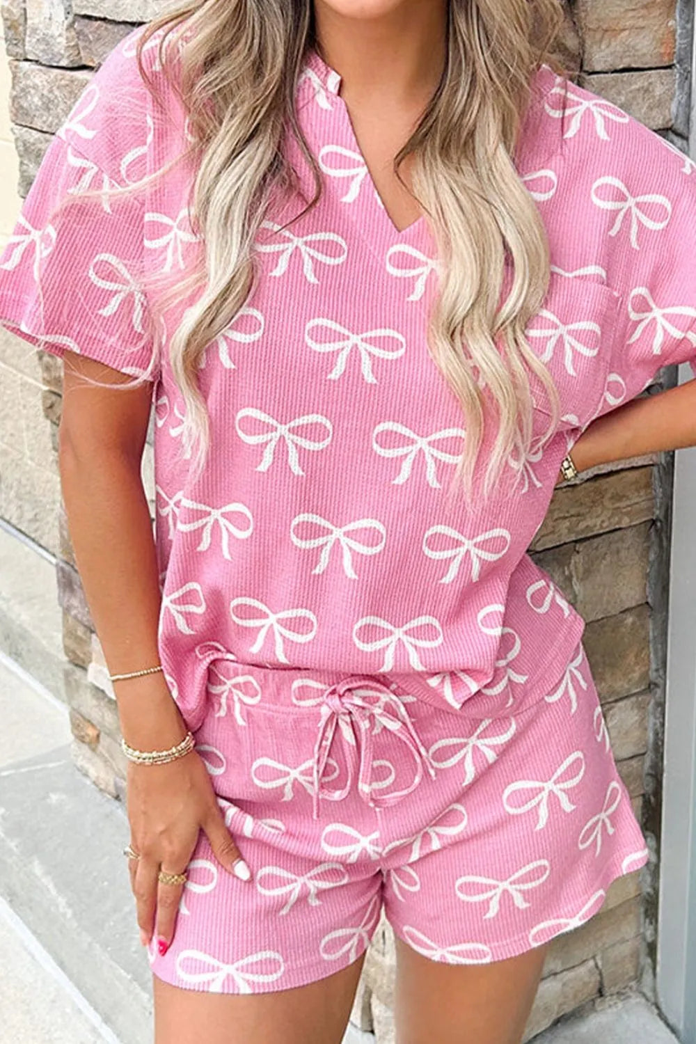 Bowknot Printed Notched T-Shirt and Shorts Set-Nordavory