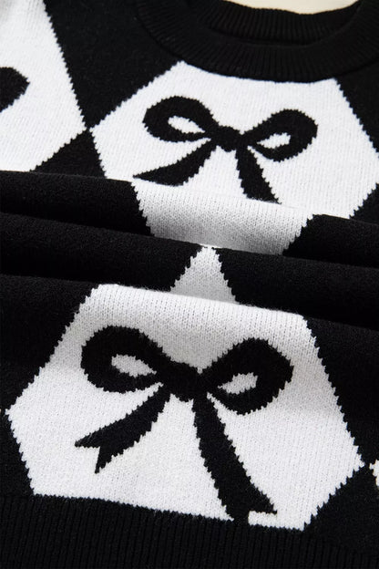 Bow Pattern Long Sleeve Contrast Sweater-Nordavory