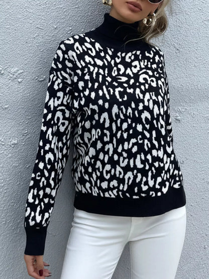 Leopard High Neck Pullover Sweater-Nordavory