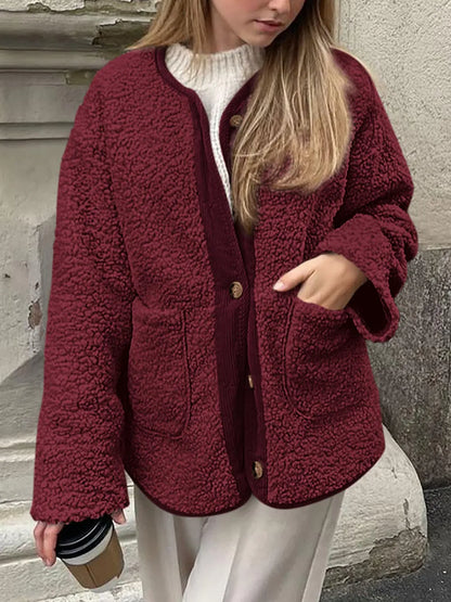 Contrast Button Up Sherpa Jacket with Pockets-Nordavory