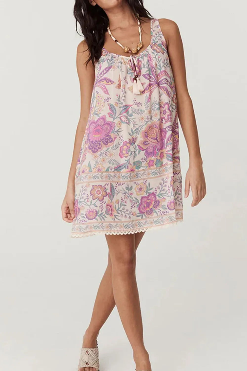 Multicolour Floral Tie Neck Sleeveless Mini Dress-Nordavory