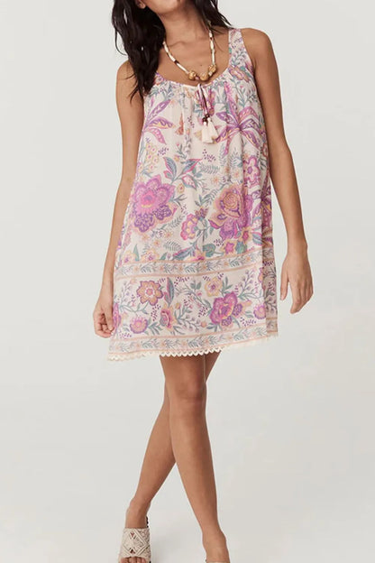 Multicolour Floral Tie Neck Sleeveless Mini Dress-Nordavory
