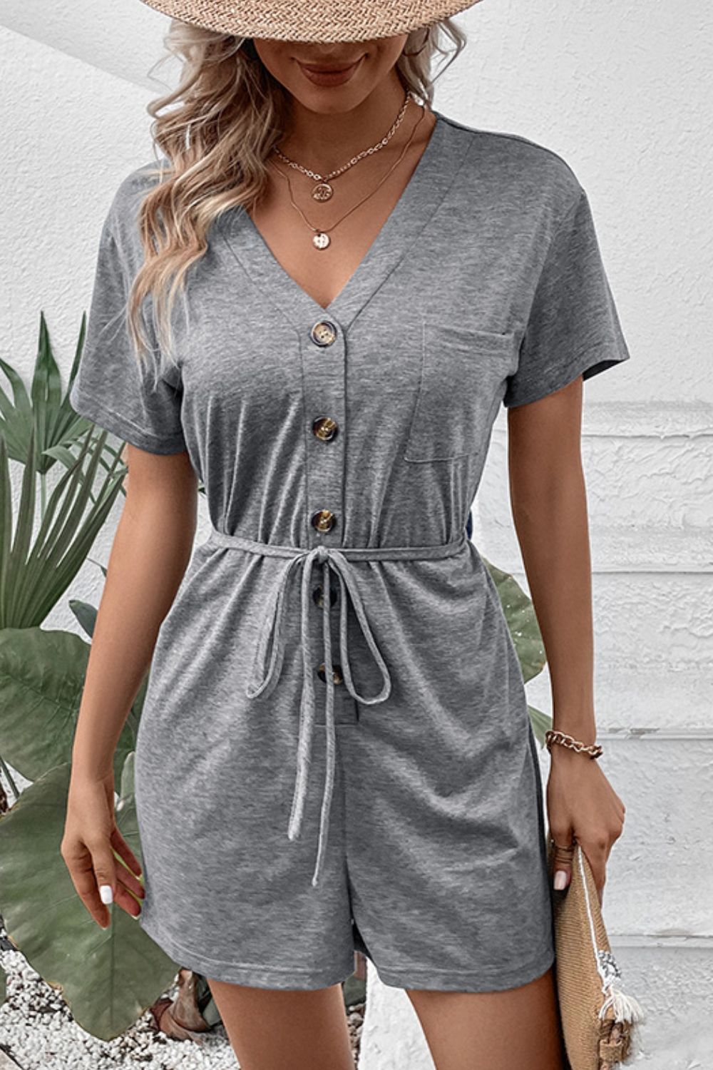 Perfee V-Neck Short Sleeve Tied Romper-Nordavory