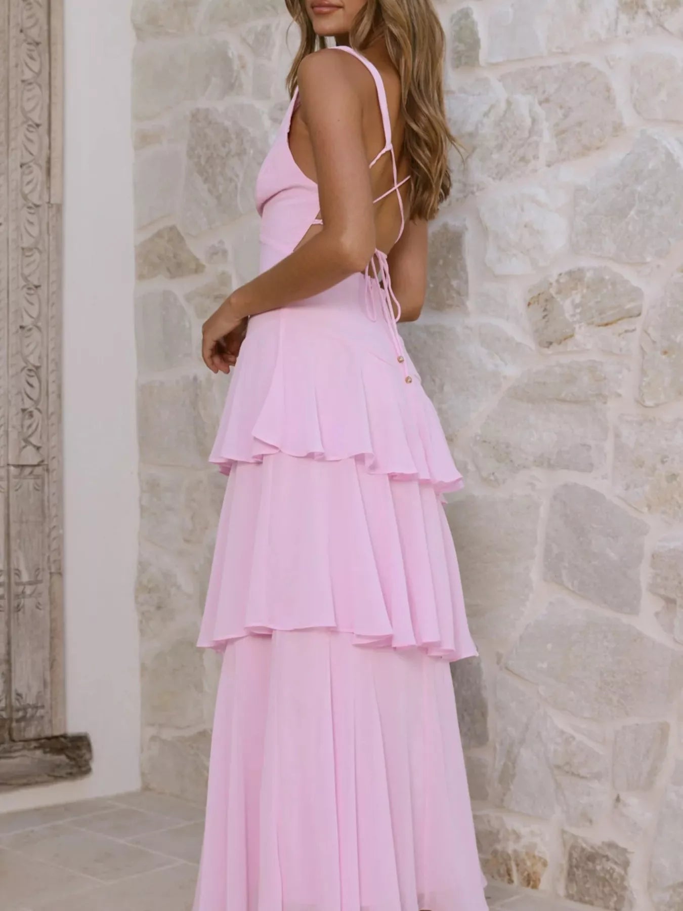 Sleeveless Ruffled Layered Backless Maxi Dress-Nordavory