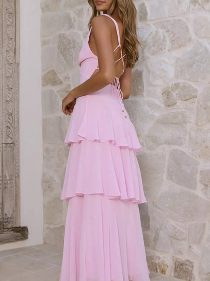 Sleeveless Ruffled Layered Backless Maxi Dress-Nordavory