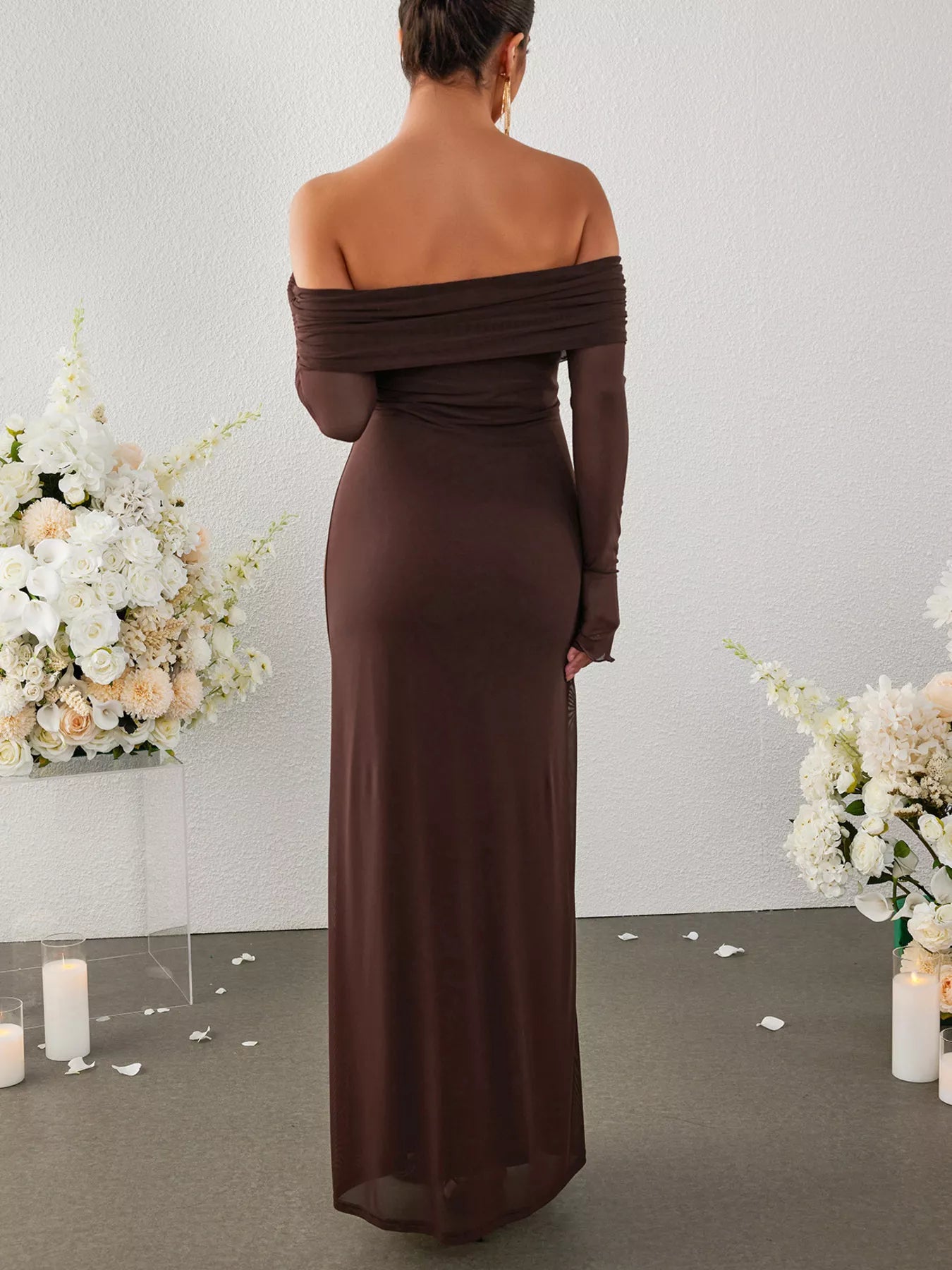 Off-Shoulder Ruched Long Sleeve Maxi Dress-Nordavory