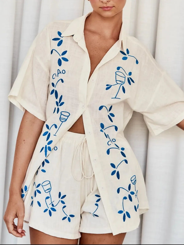 Embroidered Button Up Half Sleeve Top and Shorts Set-Nordavory