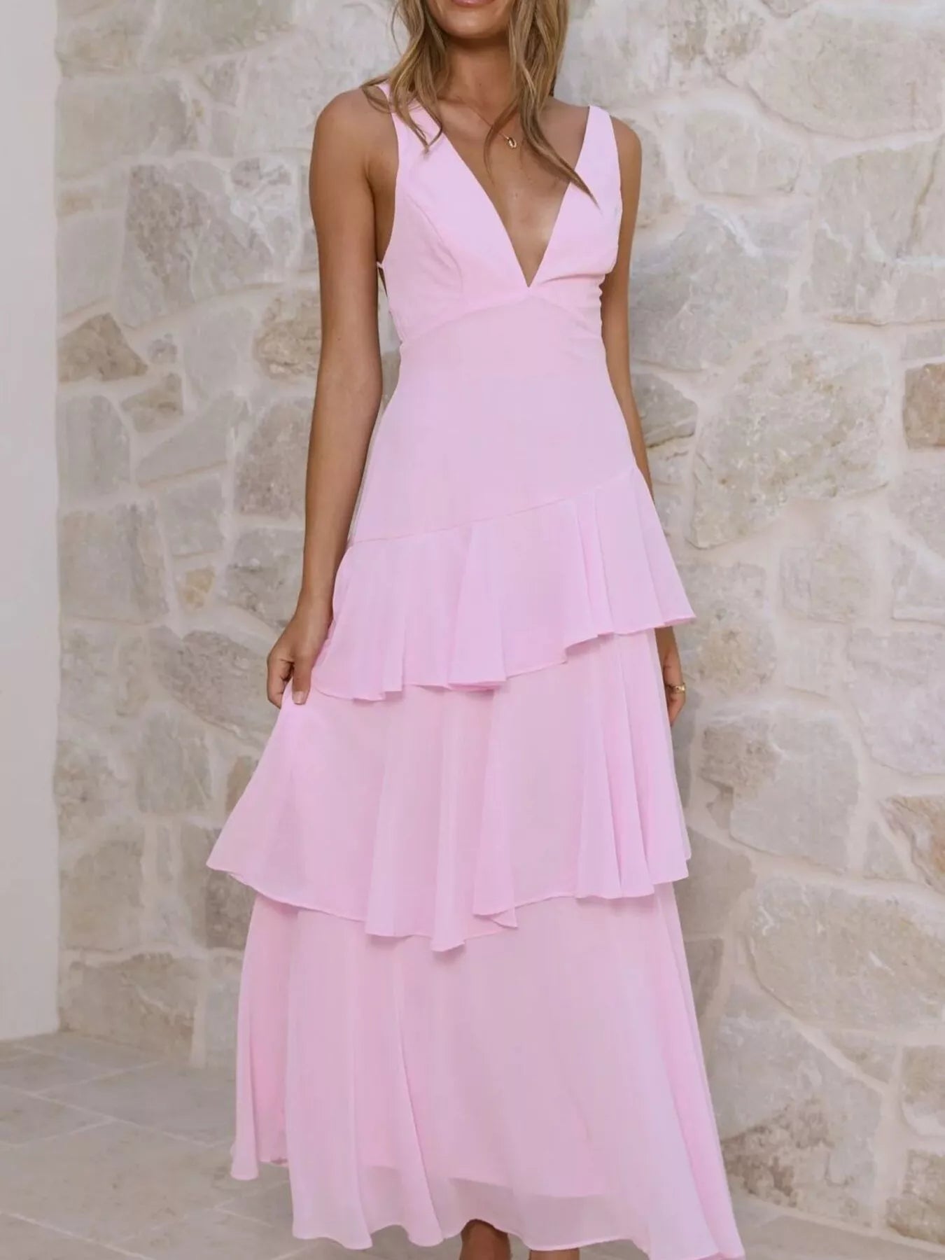 Sleeveless Ruffled Layered Backless Maxi Dress-Nordavory