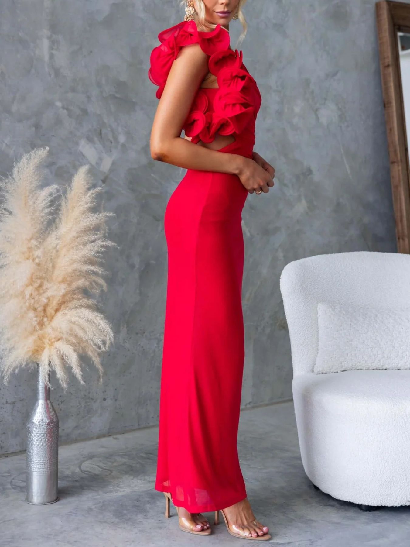 One-Shoulder Floral Trim Sleeveless Maxi Dress-Nordavory