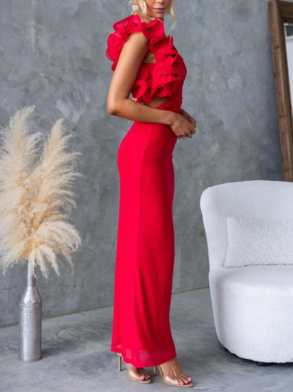 One-Shoulder Floral Trim Sleeveless Maxi Dress-Nordavory
