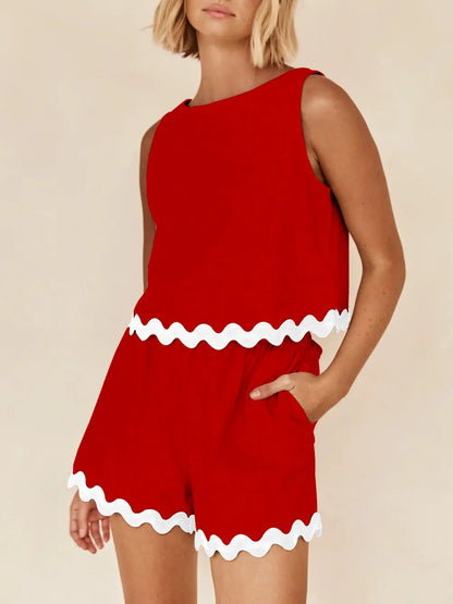Contrast Trim Round Neck Tank and Shorts Set-Nordavory