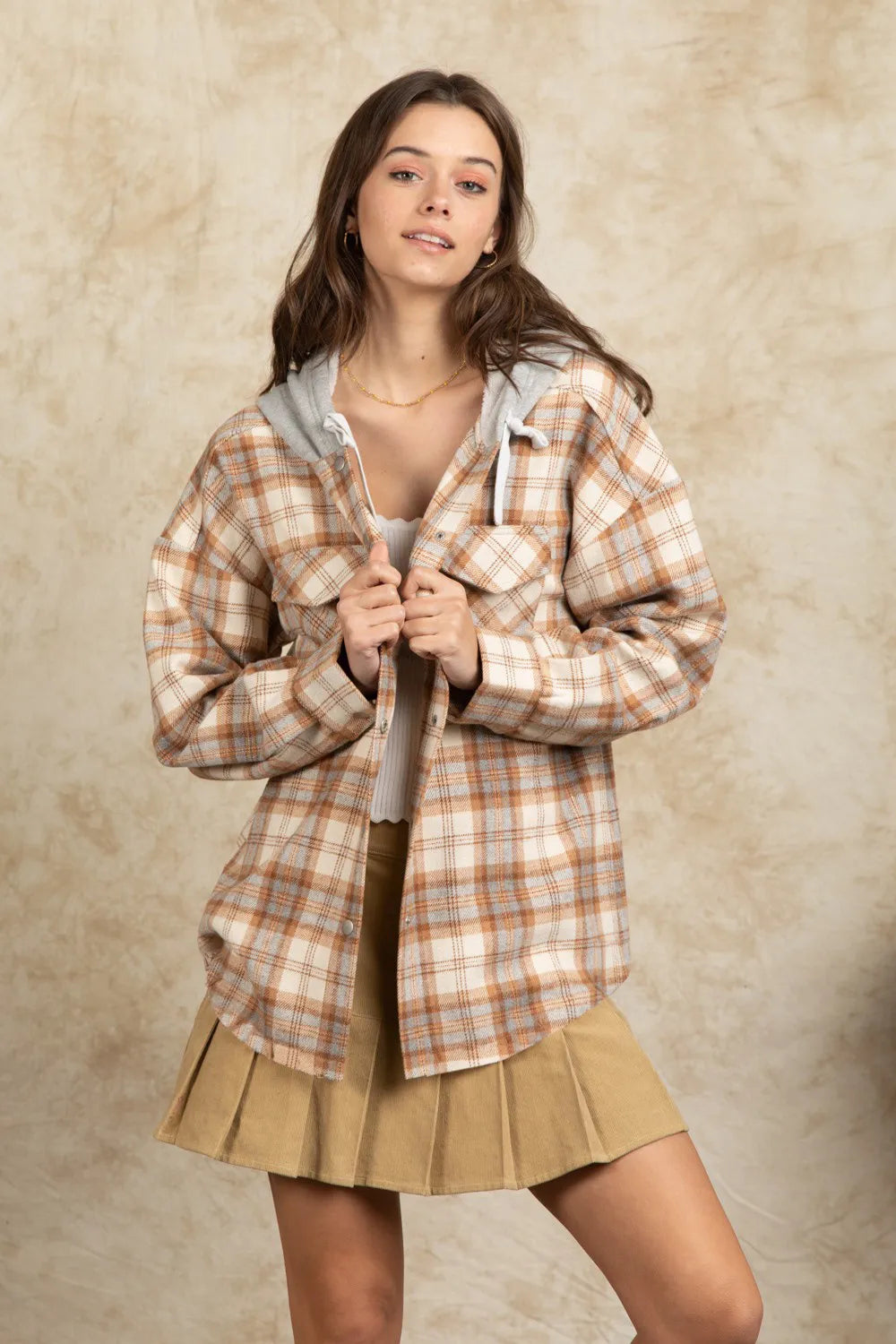 Drawstring Plaid Long Sleeve Hooded Jacket-Nordavory