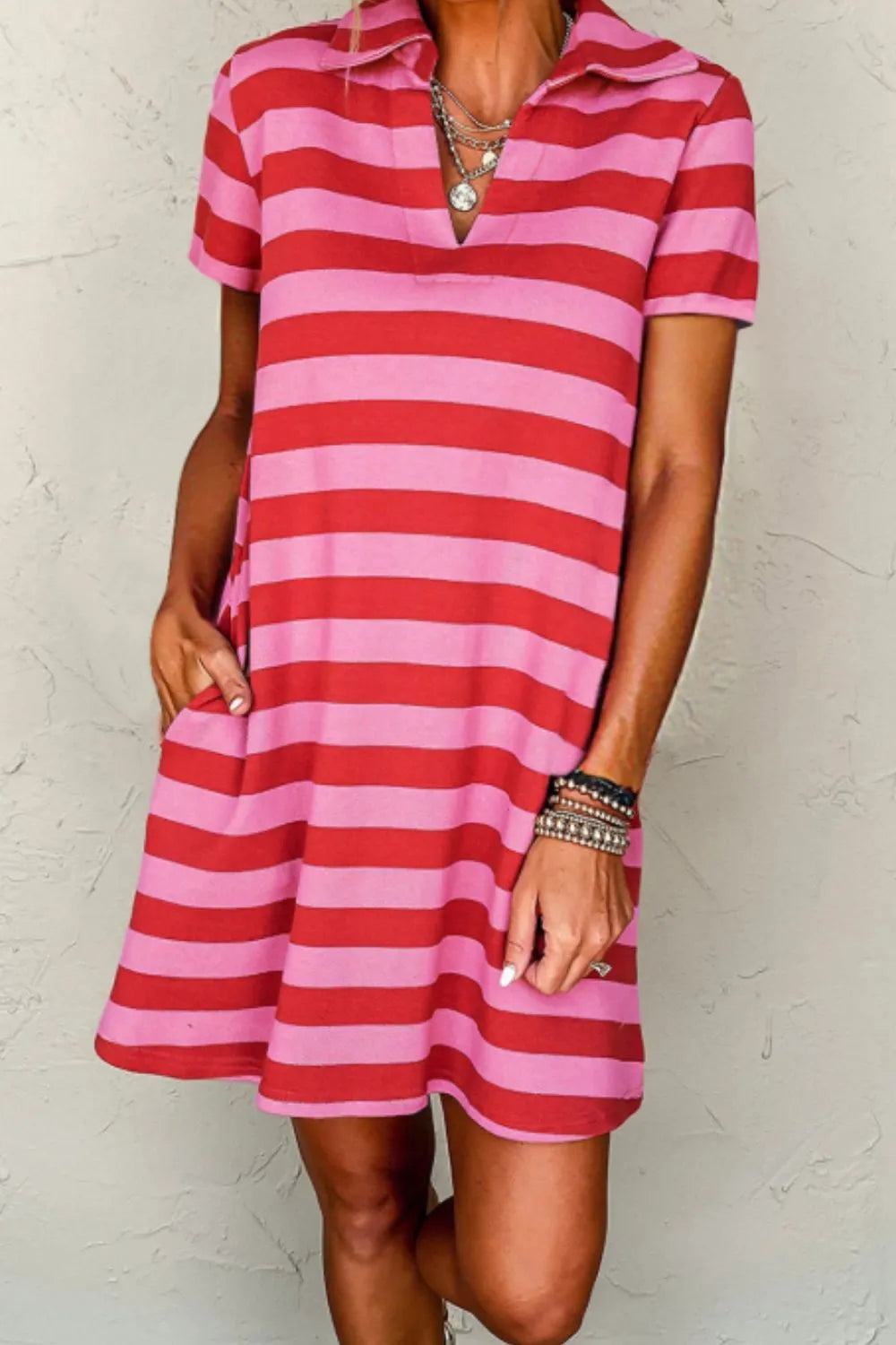 Casual Striped Polo Collar T-Shirt Dress-Nordavory
